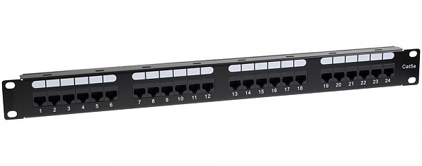 Patch panel 24-portowy, UTP, kat. 5e, 1U, 19", złącza typu dual block, uchwyty na kabel 