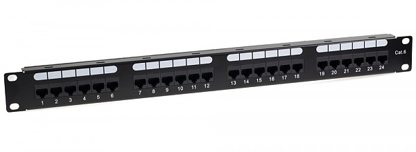 Patch panel 24-portowy, UTP, kat. 6, 1U, 19", złącza typu dual block, uchwyty na kabel 