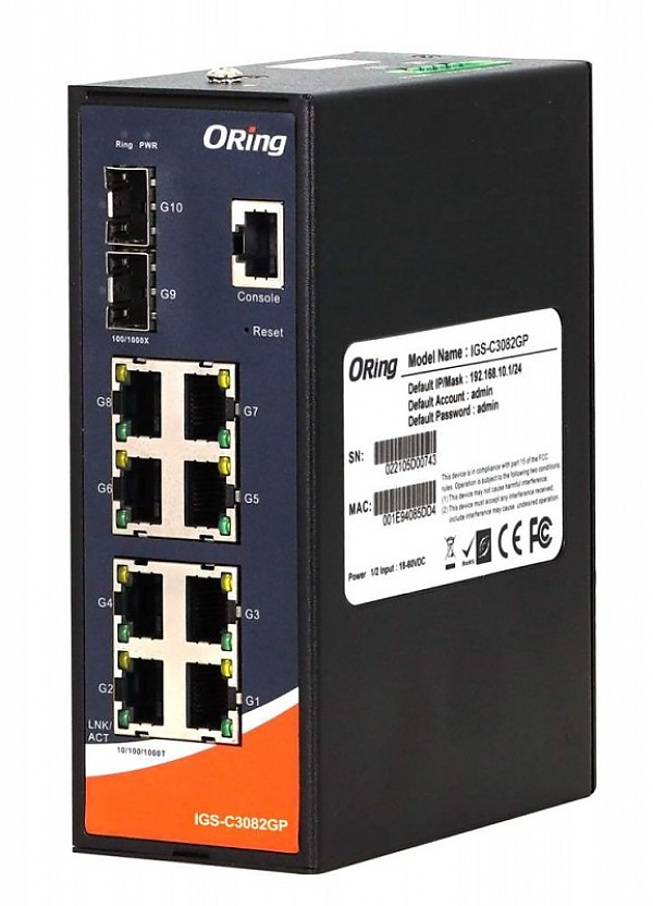 Switch zarzdzalny, 8x 10/1000 RJ-45 + 2x100/1G/2.5G SFP, O/Open-Ring <30ms (ORing IGS-C3082GP) 